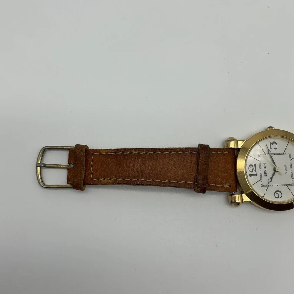 Gruen 192-VK32 Womens Watch 32mm White Dial Gold Tone Brown Leather New Battery